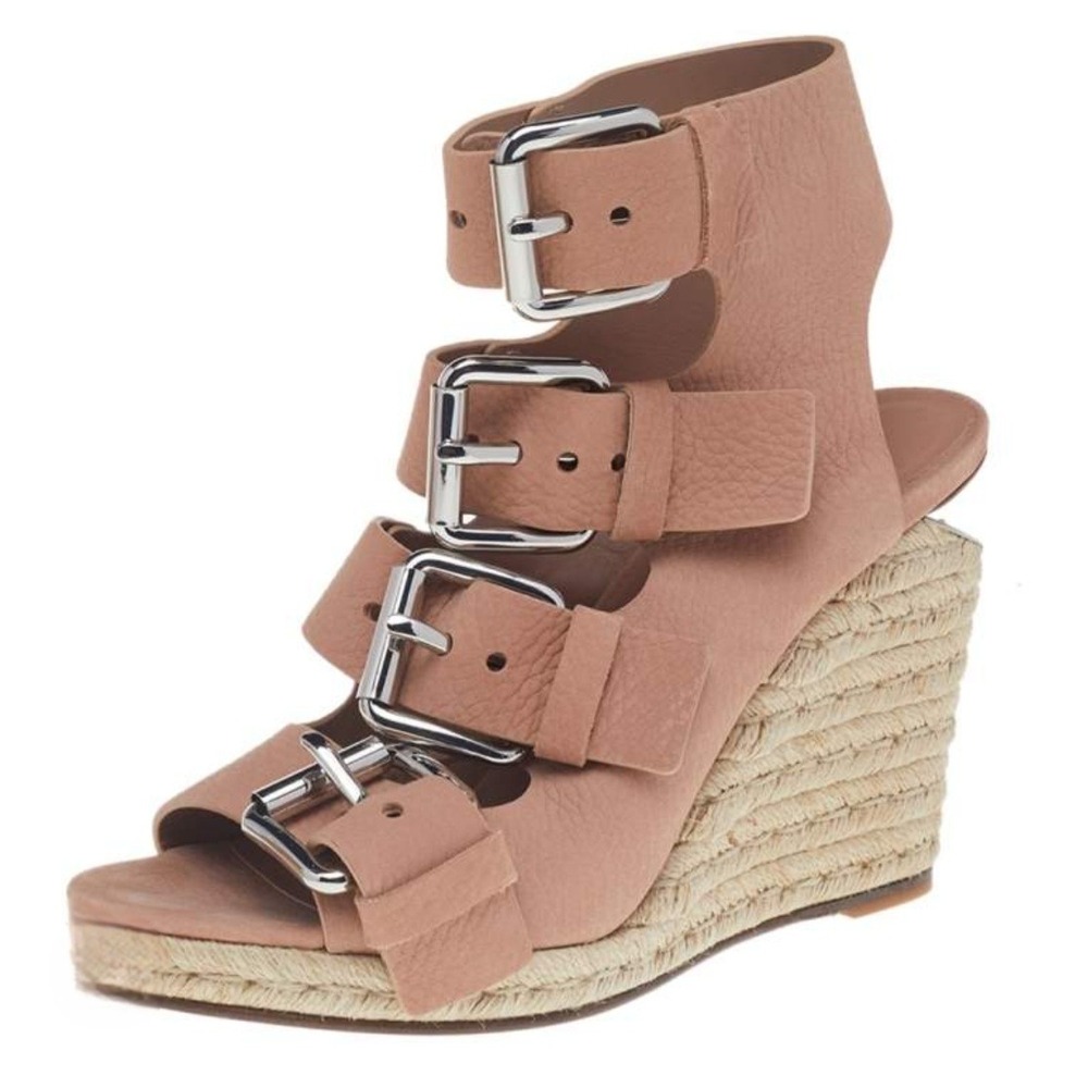 Alexander Wang Jo Blush Pebbled Leather Buckle Espadrille Wedge Sandals Size 38
